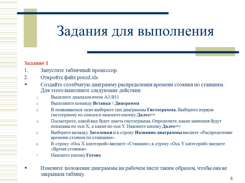 6 Задания для выполнения Задание 1 Запустите табличный процессор. Откройте файл poezd.xls Создайте столбчатую